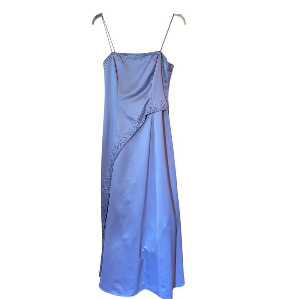 Niki Livas Lavender Satin Beaded‎ Formal Gown Square Neck Maxi Dress Size 8